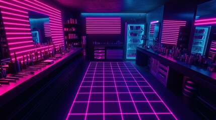 Fototapeta premium Neon-lit interior features a glowing grid floor and shelves with various items