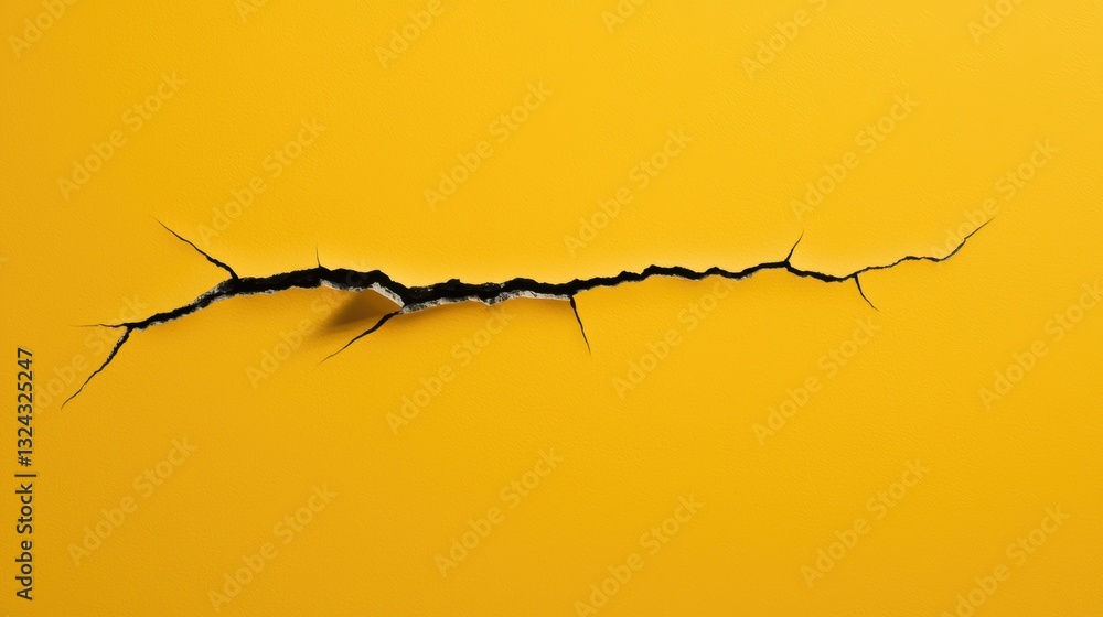 Poster cracked wall with black lines on vibrant yellow background, showcasing texture and contrast. cracks 