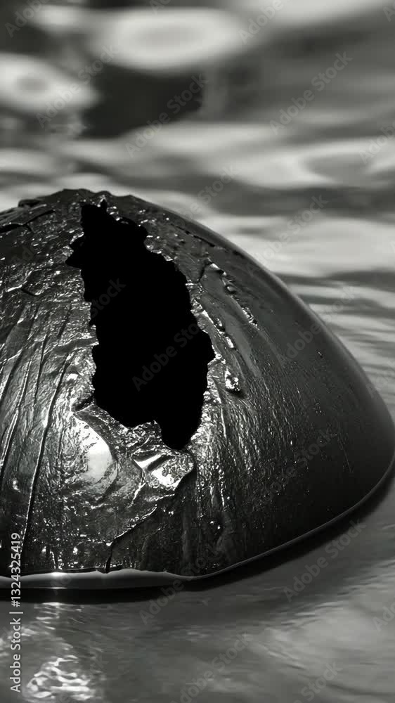 Poster close-up view of a damaged black object resting on water's surface in a serene environment during da