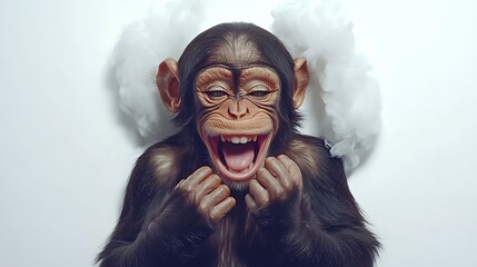 Funny baby chimp laughing, studio shot, white background, possible use for children's books or educational material