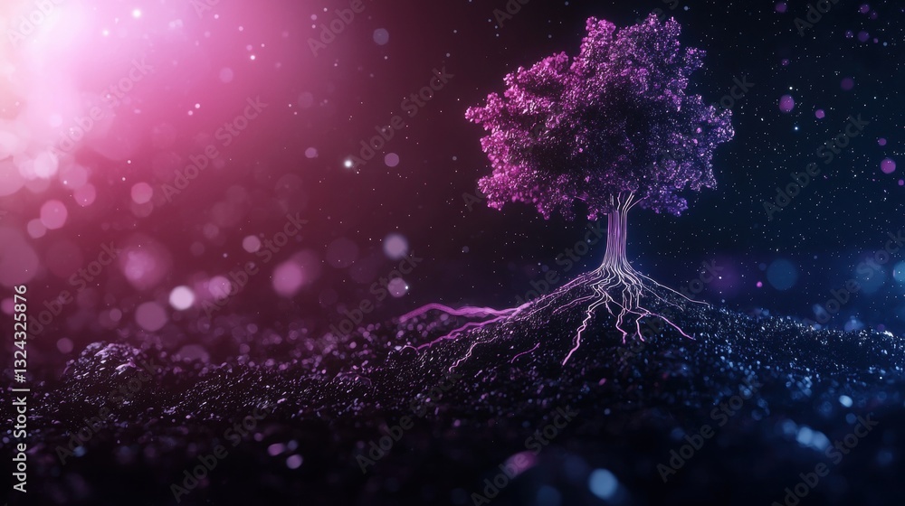 Poster futuristic tree design with blockchain elements in a vibrant digital landscape