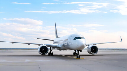 White Modern Passenger Airplane On Tarmac Under Blue Sky At Airport