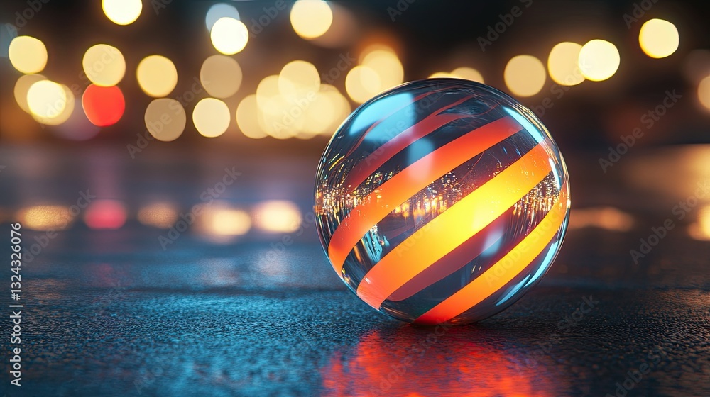Poster in a 3d rendering, an abstract transparent glass crystal sphere with glowing concentric lines is dis