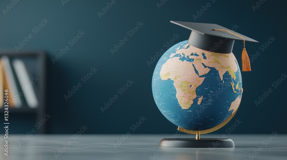 Poster artistic representation of an educational globe with graduation cap symbolizing knowledge and learni