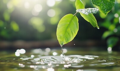 Water dripping from a green leaf into a pond.