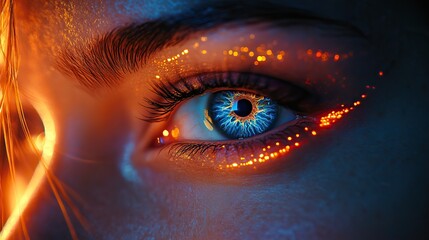 Fototapeta premium Swirling neon circles frame woman's eye, creating futuristic concept of vision and technological enhancement.