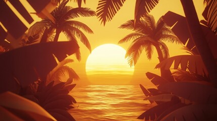 Warm golden-hour sunset over an orange-tinted ocean palm tree silhouettes in layered 3D paper cut style minimalist tropical retreat.