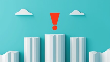 Obraz premium Massive Exclamation Mark Standing Between White Columns on a Bright Blue Background