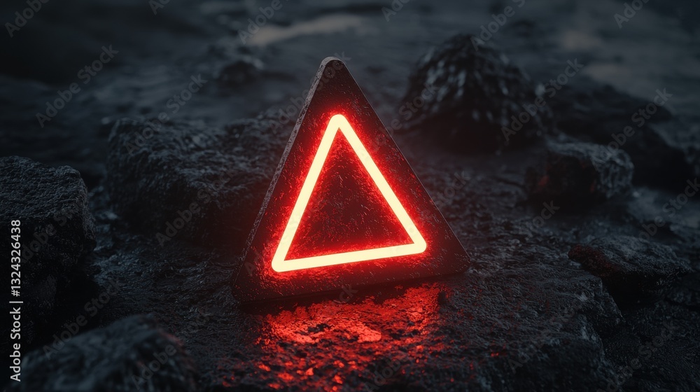 Poster neon warning icon glowing in dark environment with floating rocks and mysterious atmosphere