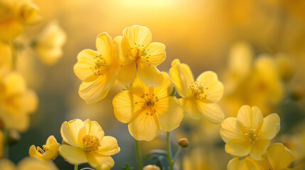 A vibrant field of yellow wildflowers blooming under a warm sunset, creating a serene atmosphere