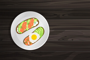 healthy sandwiches with smoked salmon fried egg  cream cheese avocado top view on plate wooden table vector illustration