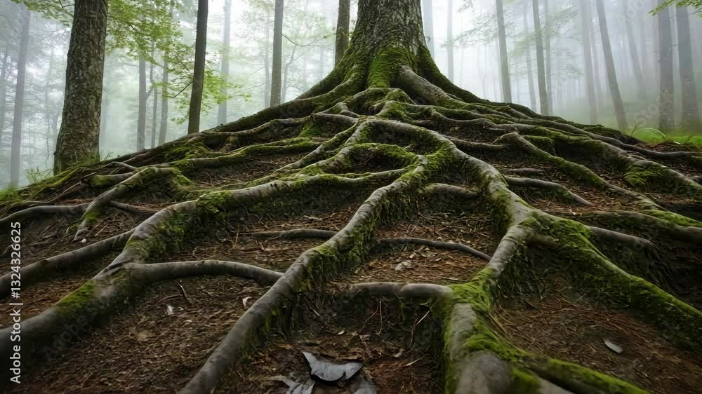 Poster towering tree roots emerge from the earth in a misty forest at dawn with soft light illuminating the