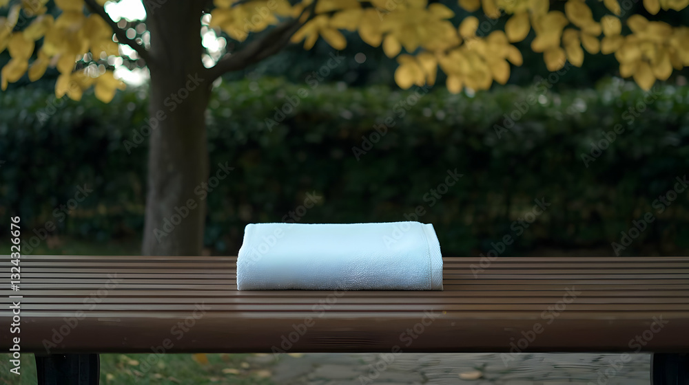 Poster abstract rectangular object on a wooden bench in a park setting with autumnal foliage background