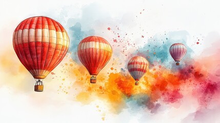 Obraz premium Hot air balloons rising into clear summer sky, delicate ink strokes outline shapes, while watercolor splashes in bright reds, oranges, and teals give them a weightless, floating sensation.