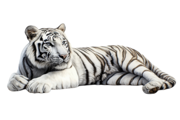Elegant white tiger lounging gracefully in a serene setting under soft daylight isolated on transparent background