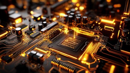 High Tech Automated Machine Assembling Components on a Circuit Board with Glowing Elements
