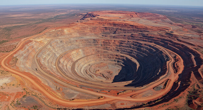 Open-Pit Mine Majesty: Aerial View of a Deep Iron Ore Excavation in Western Australia's Outback - Mining, Geology, Environment