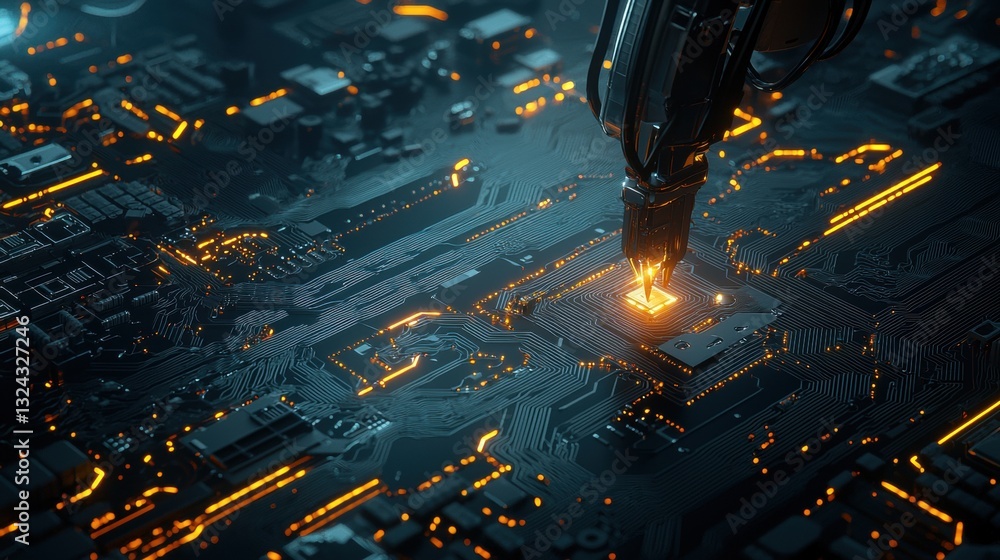 Poster advanced micro precision machinery placing transistors in a high-tech circuit board environment