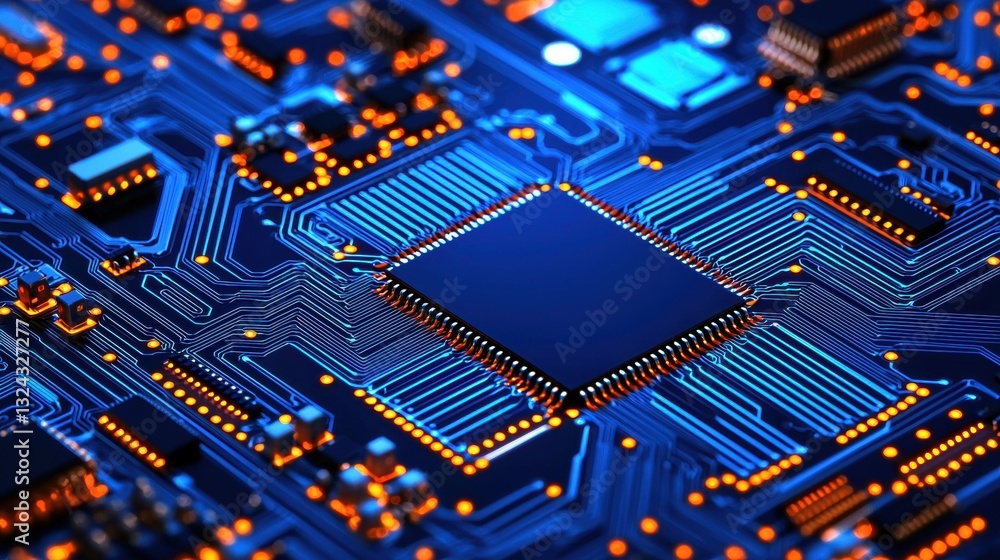 Poster high resolution image of semiconductor circuit board with detailed components and connectors