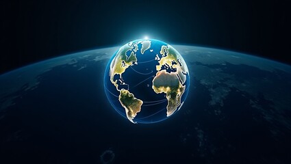 Night planet earth from space with light lines of communication and connection. Business and finance, concept.  Global communications system and the World Wide Web. Technologies and communications.
