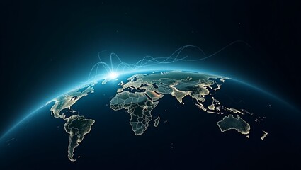 Night planet earth from space with light lines of communication and connection. Business and finance, concept.  Global communications system and the World Wide Web. Technologies and communications.