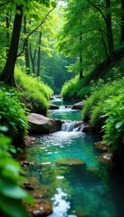 Lush green vegetation surrounds a crystal-clear stream, nature, surroundings, foliage