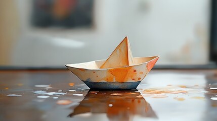  Miniature paper boat drifting across coffee mug’s frothy surface, fine ink strokes capture delicate folds, while watercolor splashes in mocha and caramel create sense of warmth and motion.