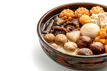 food photography, create an overhead shot of japanese oden ramen with neatly arranged ingredients, including a shiitake mushroom, on a white background