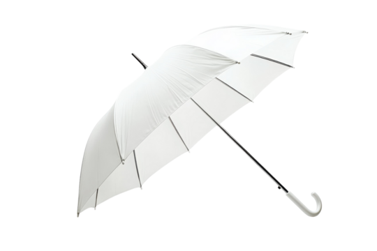 A pristine white umbrella stands elegantly against a soft, neutral backdrop in bright lighting isolated on transparent background