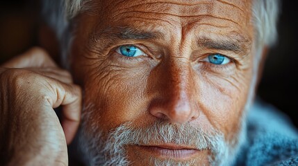 Thoughtful senior man close-up portrait, touching head, wrinkles, aging skin, aging skincare, cosmetology concepts.