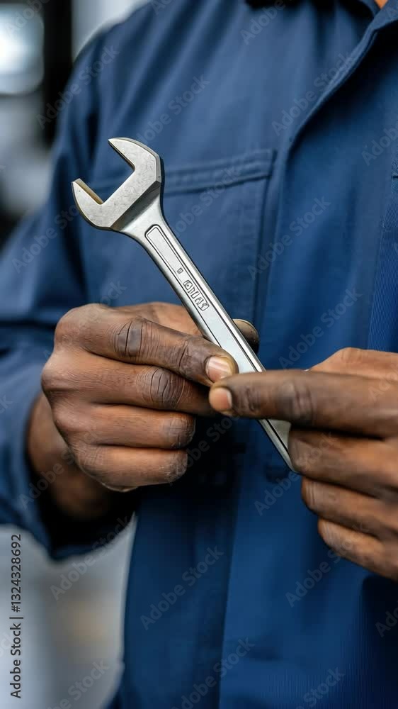 Poster hands of a mechanic hold a wrench while preparing for vehicle repair in a workshop setting during da