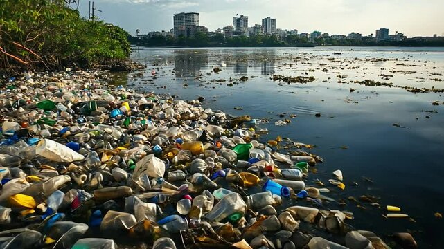 Pollution's grim reflection: A poignant photograph captures a polluted lake choked with plastic waste and debris, highlighting the destructive impact of human activity on the environment