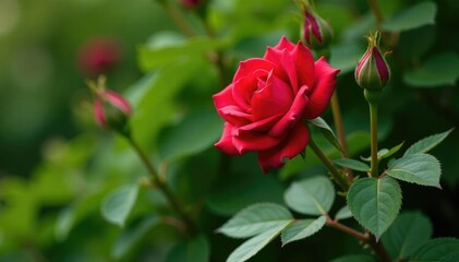 Red rose bush with thorny stems and lush green leaves, plants, foliage, greenery