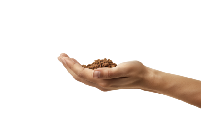 Woman hand holding instant coffee granules on transparent background