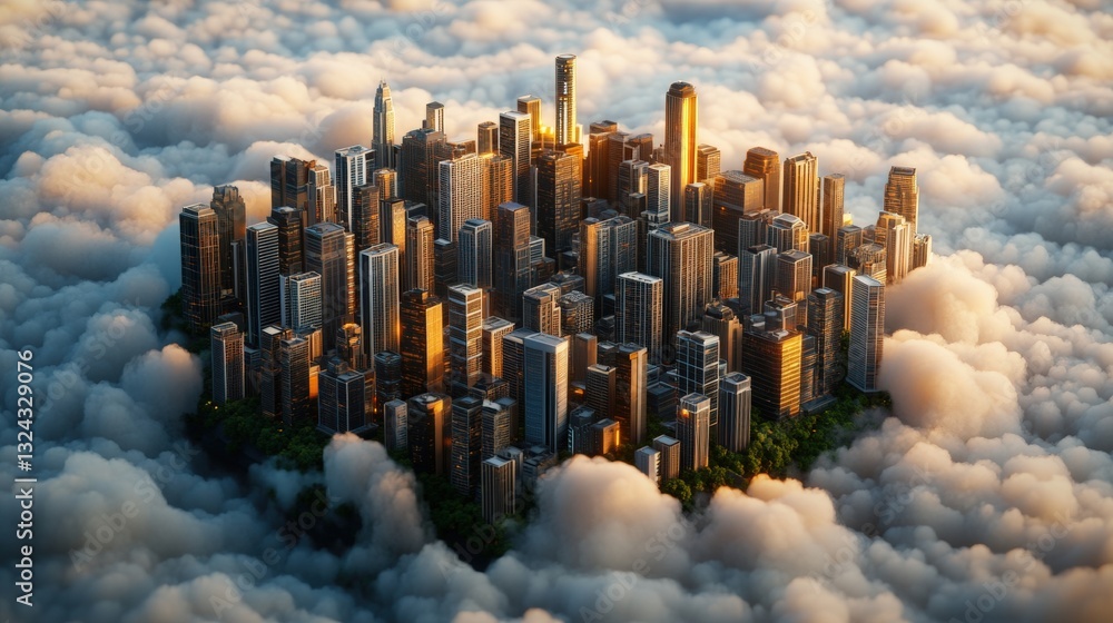 Poster enchanting fantasy tech city floating above the clouds with a stunning view of the skyline and high-