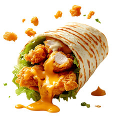 Crispy Fried Chicken Wrap with Cheese Lettuce and Radish Isolated on Transparent Background