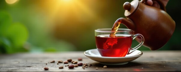 Red tea poured from a wooden jug onto a table, natural, beverage
