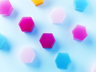 Colorful Hexagons on Blue Background.