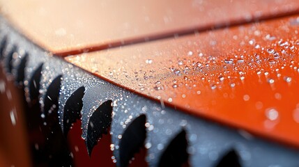 Orange metal surface with water droplets and serrated edge detail, wet look