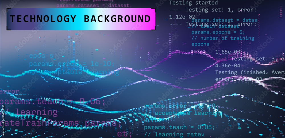 Poster Dynamic 3D vector illustration featuring digital waves with overlaying code and data elements. The vibrant colors reflect technology, innovation, and the flow of information in a digital landscape.