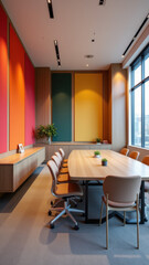 Fototapeta premium Large conference room with modern furniture and colorful acoustic wall paneling.
