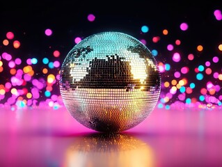 Obraz premium Vibrant disco ball reflection night club digital art colorful bokeh background close-up celebration vibe