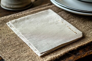 A rectangular fabric label stitched onto a linen napkin