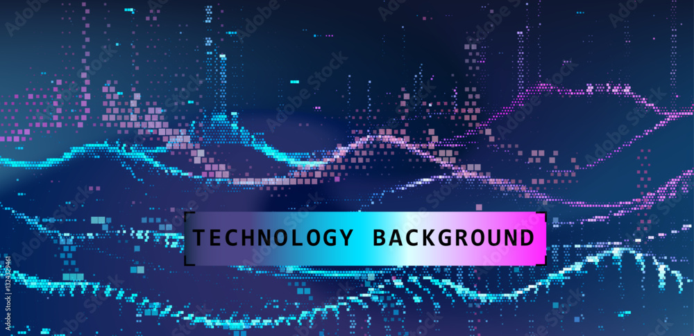 Aufkleber coFuturistic vector illustration with digital pixel waves and a colorful gradient. The design conveys technological innovation and the flow of data in a modern, abstract background.