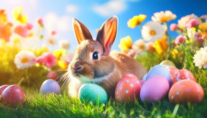 Adorable Bunny With Easter Eggs In Flowery Meadow