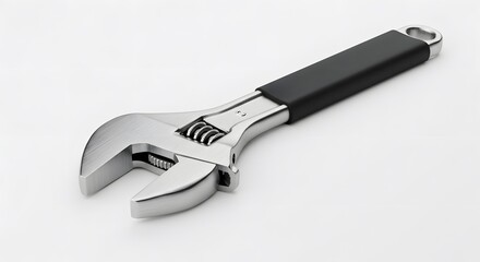Obraz premium Close-up of Adjustable Wrench with Black Handle on White Background