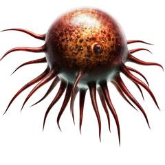 A large, red, hairy, alien-like creature standing out with its unique features and impressive size against a plain background isolated on a white background.