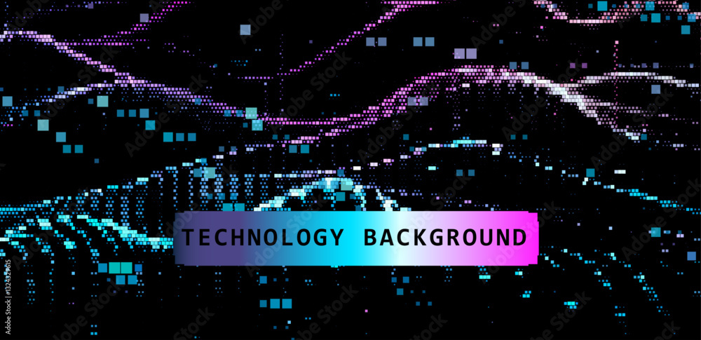 Aufkleber coFuturistic vector illustration with digital pixel waves and a colorful gradient. The design conveys technological innovation and the flow of data in a modern, abstract background.