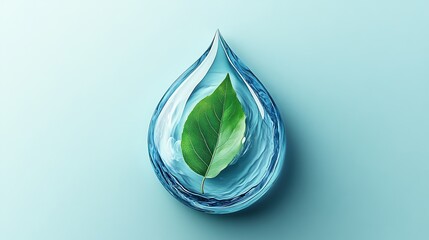  Water droplet with a leaf inside, a soft blue water drop icon with a green leaf subtly integrated within, symbolizing hydration, purity, and eco-friendly health practices.
