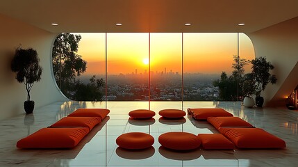 Fototapeta premium Modern Zen room, sunset city view, relaxation, interior design
